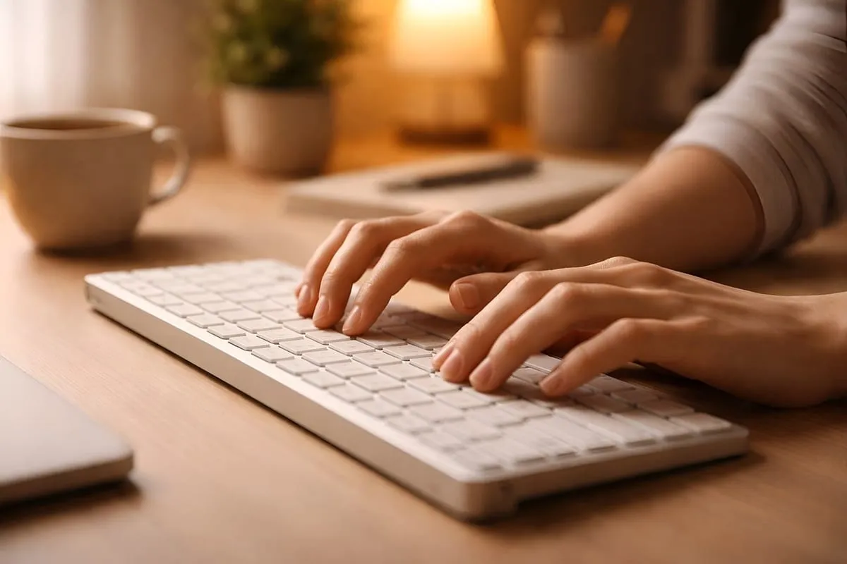 Mains sur un clavier d'ordinateur, dans une lumière chaleureuse de bureau.