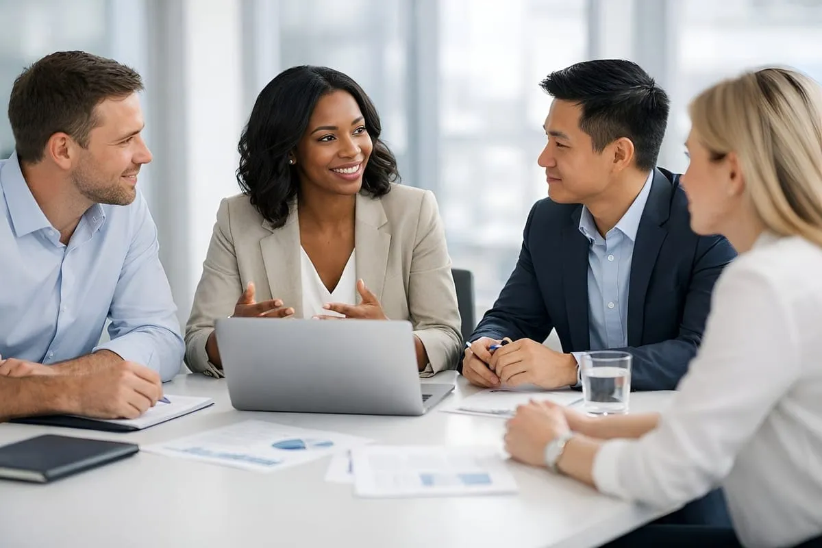 Réunion d'équipe professionnelle autour d'une table de travail.