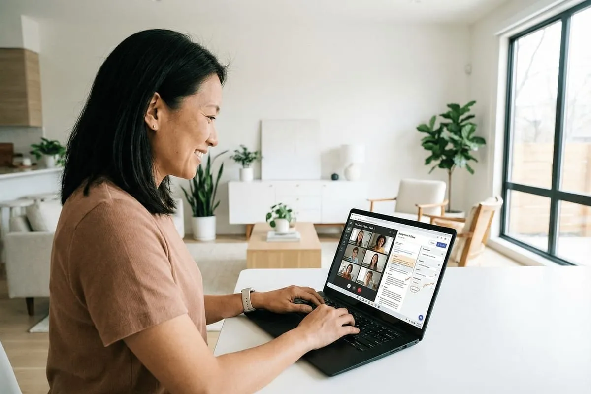 Personne en visioconférence sur un ordinateur portable dans un intérieur lumineux.