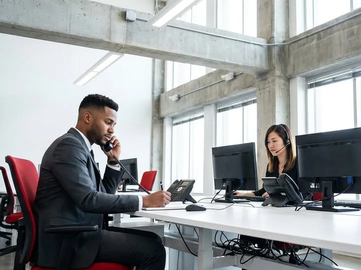 Personne au téléphone dans un espace de travail lumineux.