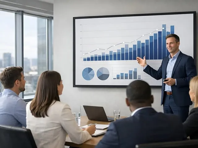 Présentation d'un graphique de croissance devant une petite équipe.