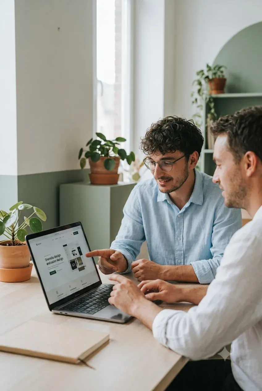 Parler de votre projet avec Scornidigital, studio web à Gembloux Le fondateur de Scornidigital présente un site web à un client, autour d'un ordinateur portable.