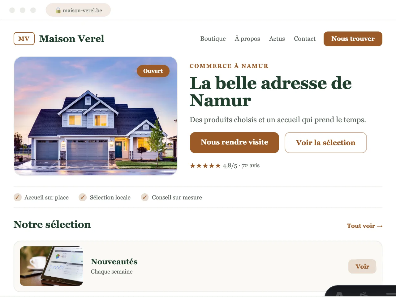Site vitrine pour un commerce du centre de Namur — exemple de site conçu par Scornidigital
