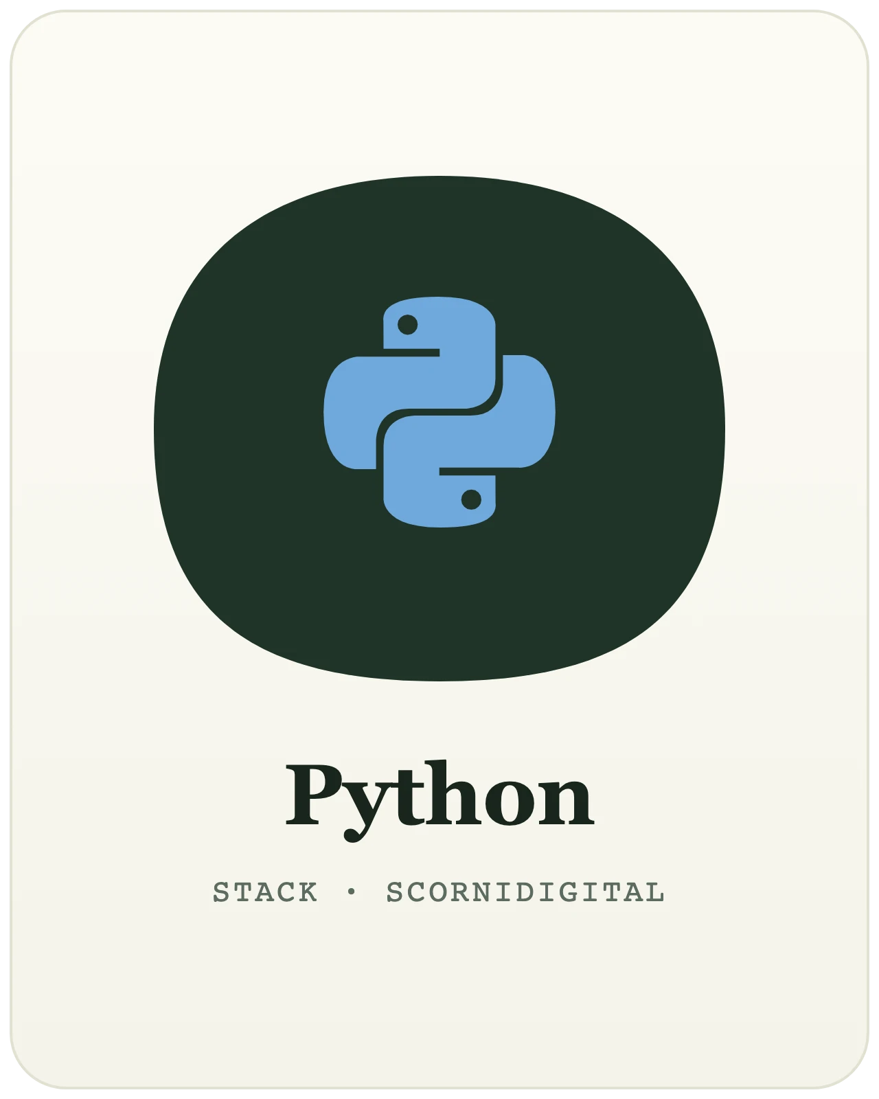 Développement Python par Scornidigital Logo Python — le langage polyvalent côté serveur, technologie utilisée par le studio web Scornidigital à Gembloux.